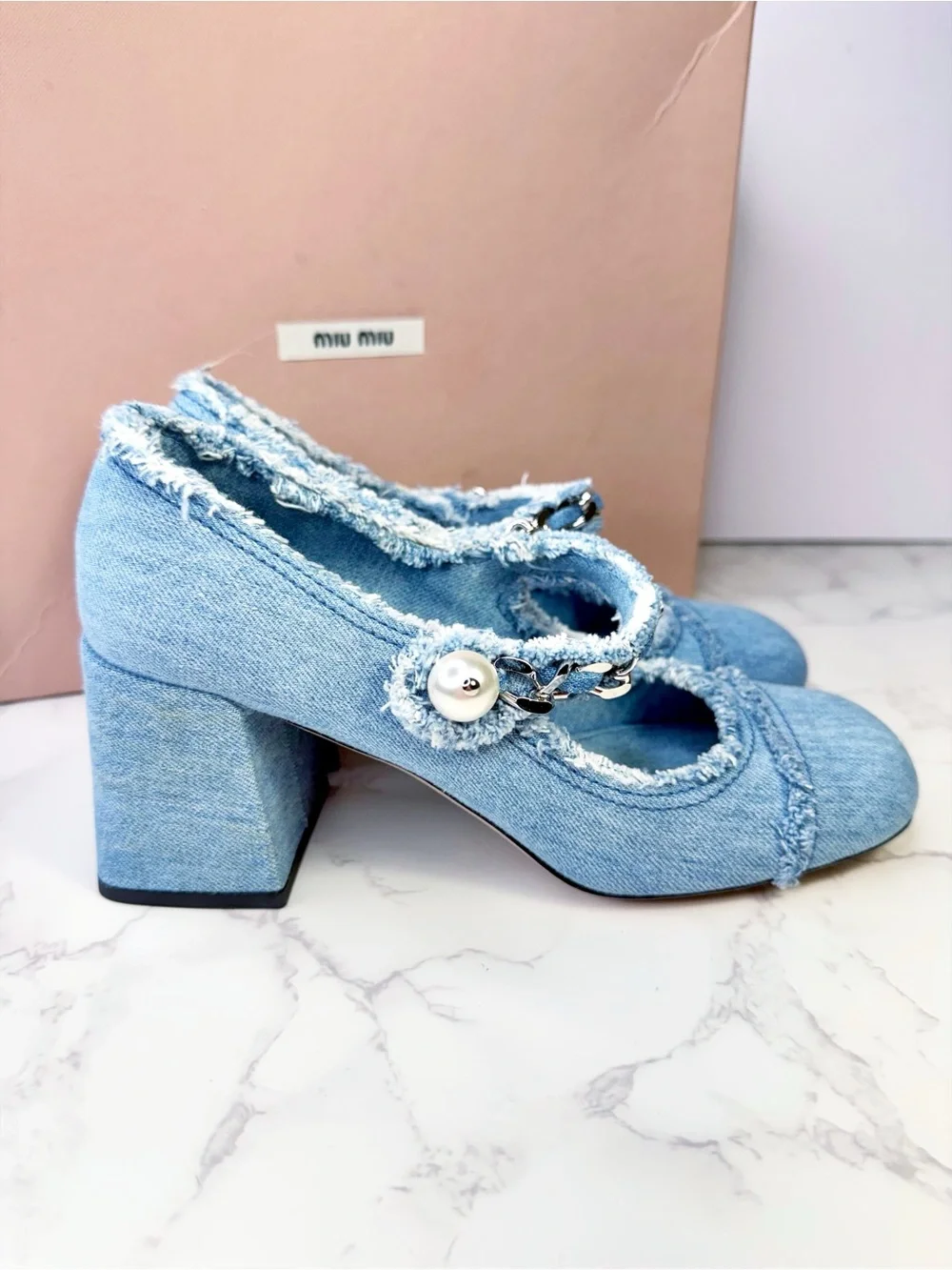 Miu Miu Decollette Denim Mary Jane Block Heels with Pearl Chain